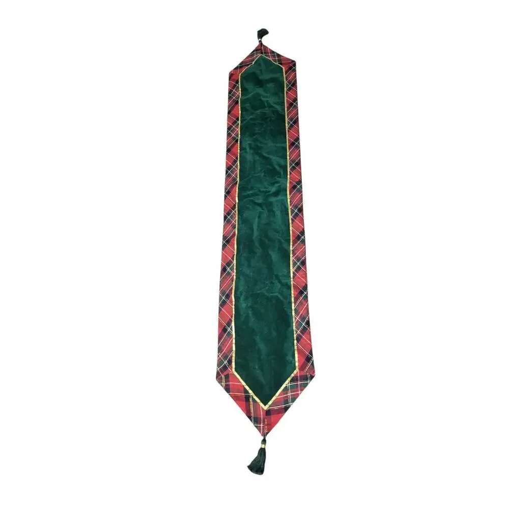 Marta Stewart Tartan Plaid Christmas Table Runner Green Velvet Tassels Gold